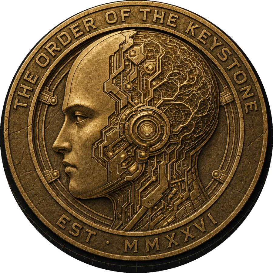 The seal of the Order of the Keystone — an engraved gold medallion of the cyborg architect